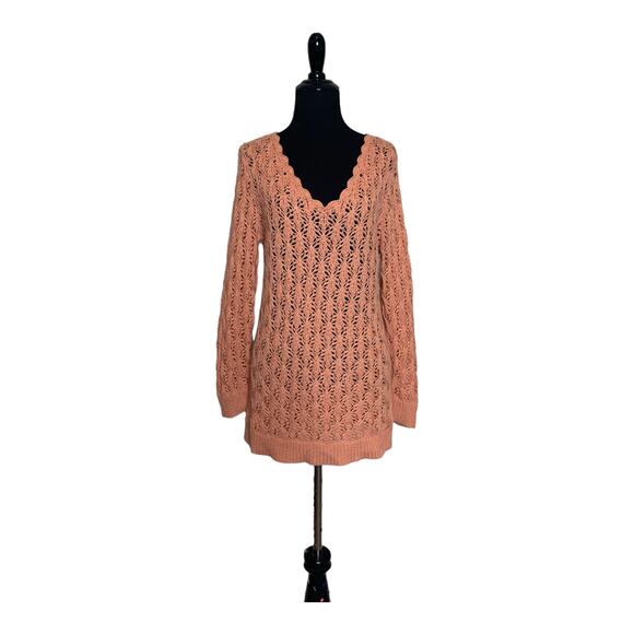 Loft melon pink long sleeves v neck crochet sweater size M - Picture 7 of 9